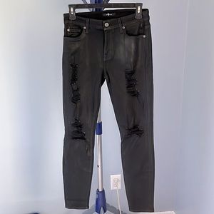 7 For All Mandkind Black Lacquer Coated Distressed Skinny Jeans Size 28